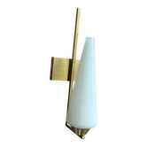 Vintage brass wall light with a white glass spindle shade from the 1950s-1960s.