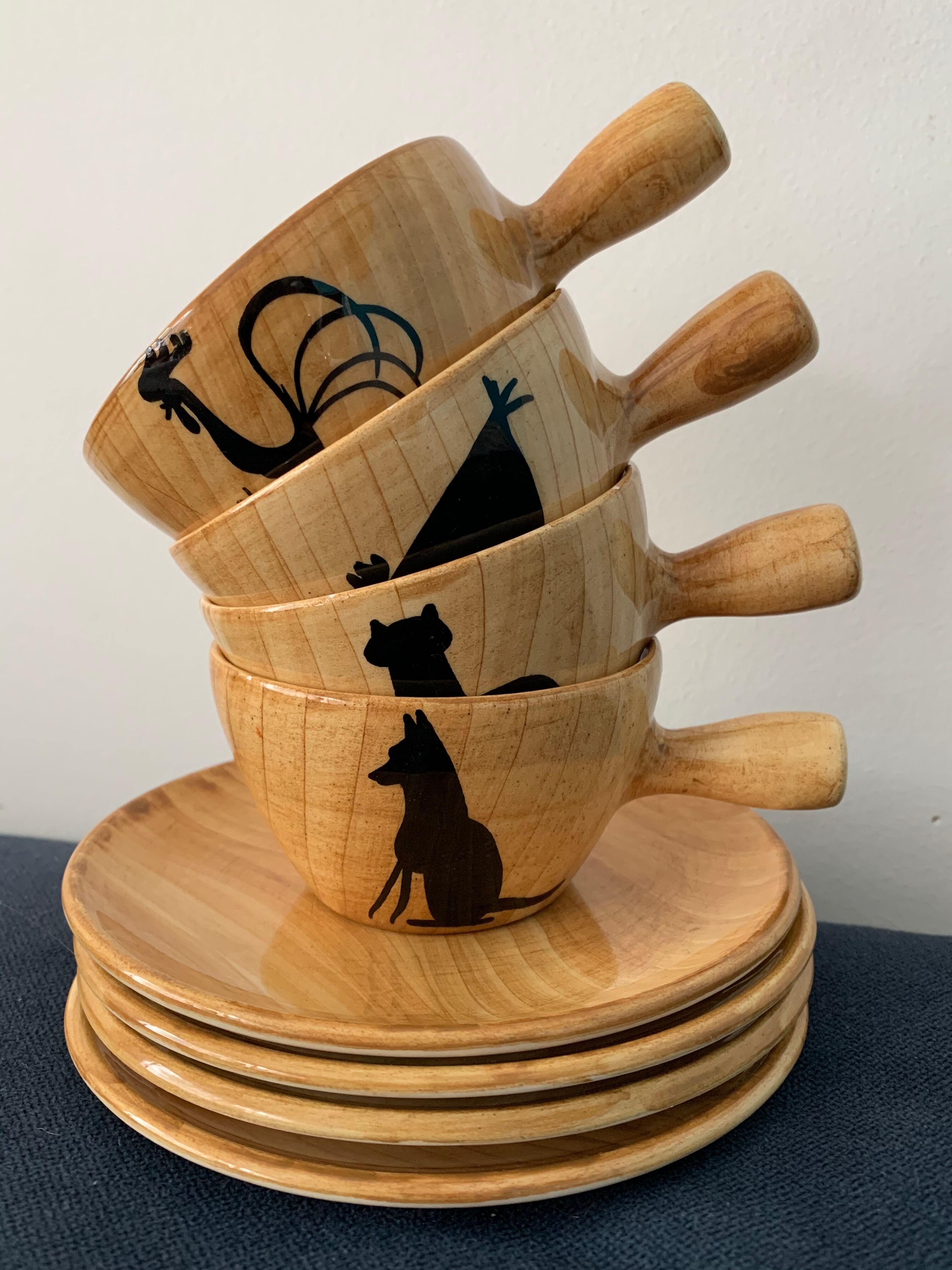 4 coffee cups and 4 sub cups zoomorphic ceramic animals Grandjean Jourdan Vallauris 1950