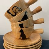 4 coffee cups and 4 sub cups zoomorphic ceramic animals Grandjean Jourdan Vallauris 1950