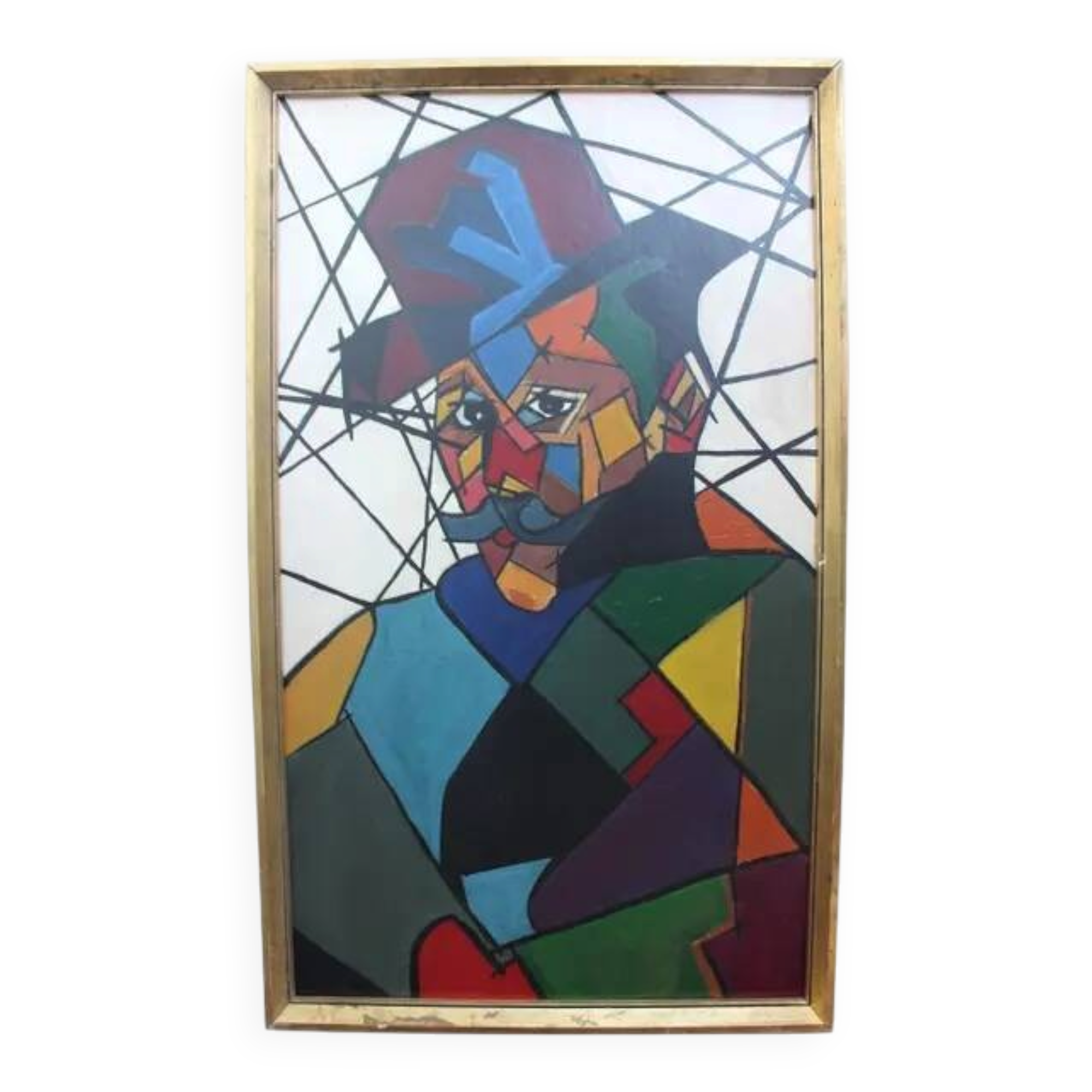 "Man in Hat" Contemporary Cubist Style Figurative Acrylic Painting Framed