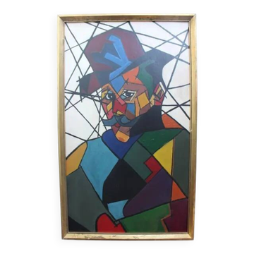 "Man with Hat" Contemporary Figurative Acrylic Painting in Cubist Style Framed