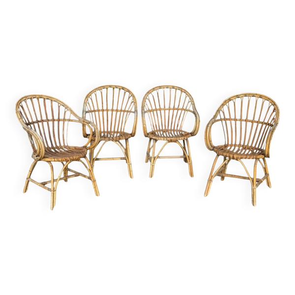 Set de 4 fauteuils en rotin des années 60 France