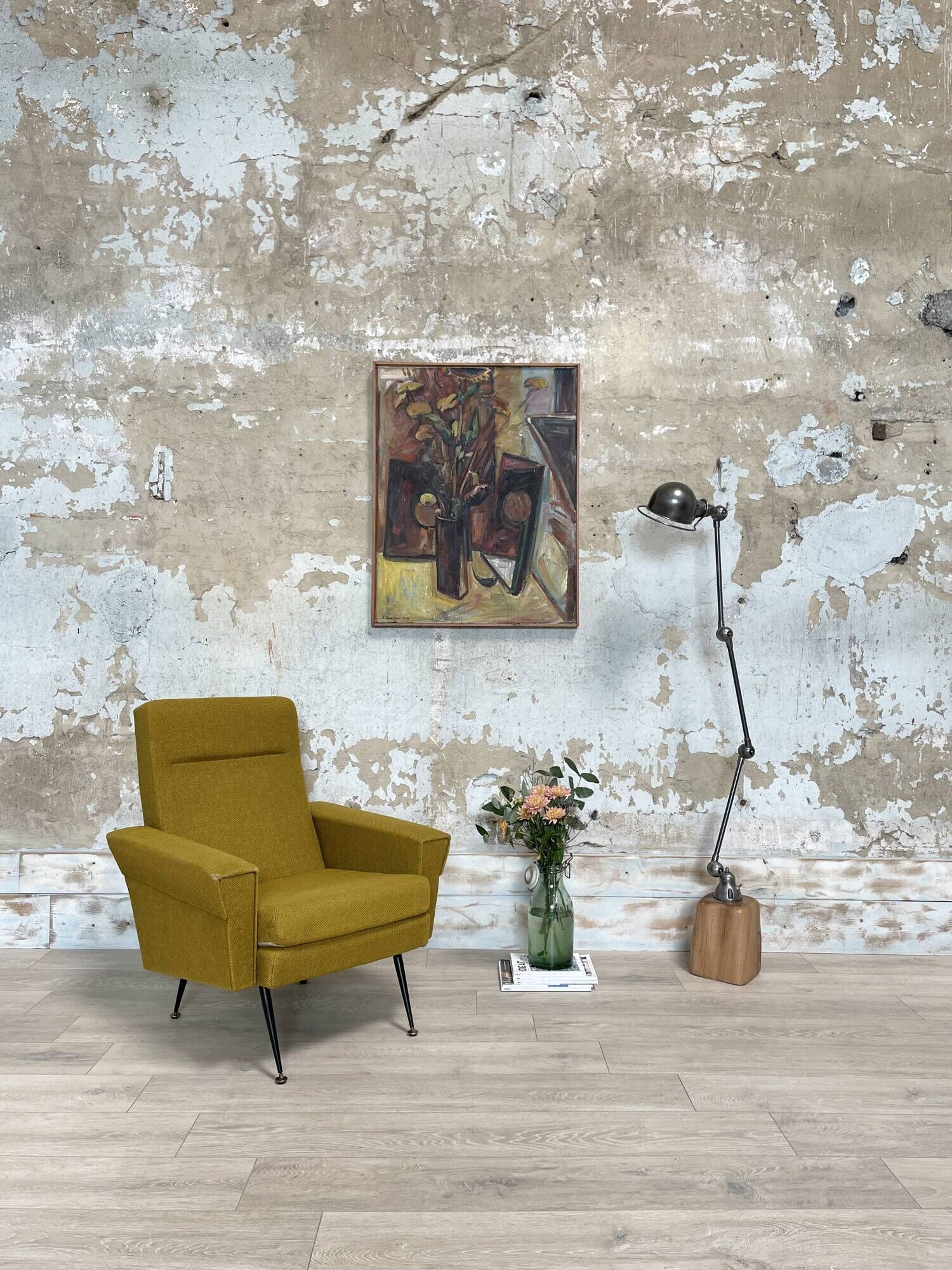 Vintage armchair in fabric and metal compass legs, circa 1950.