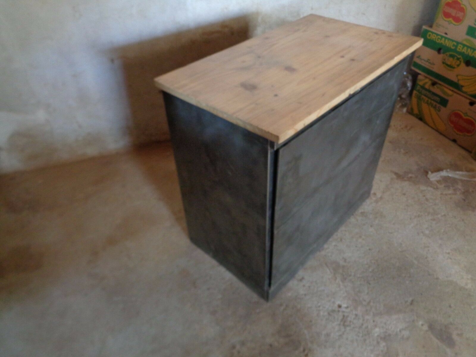 Industrial commodity has 2 drawers in metal brush patina wooden tray counterpoid
