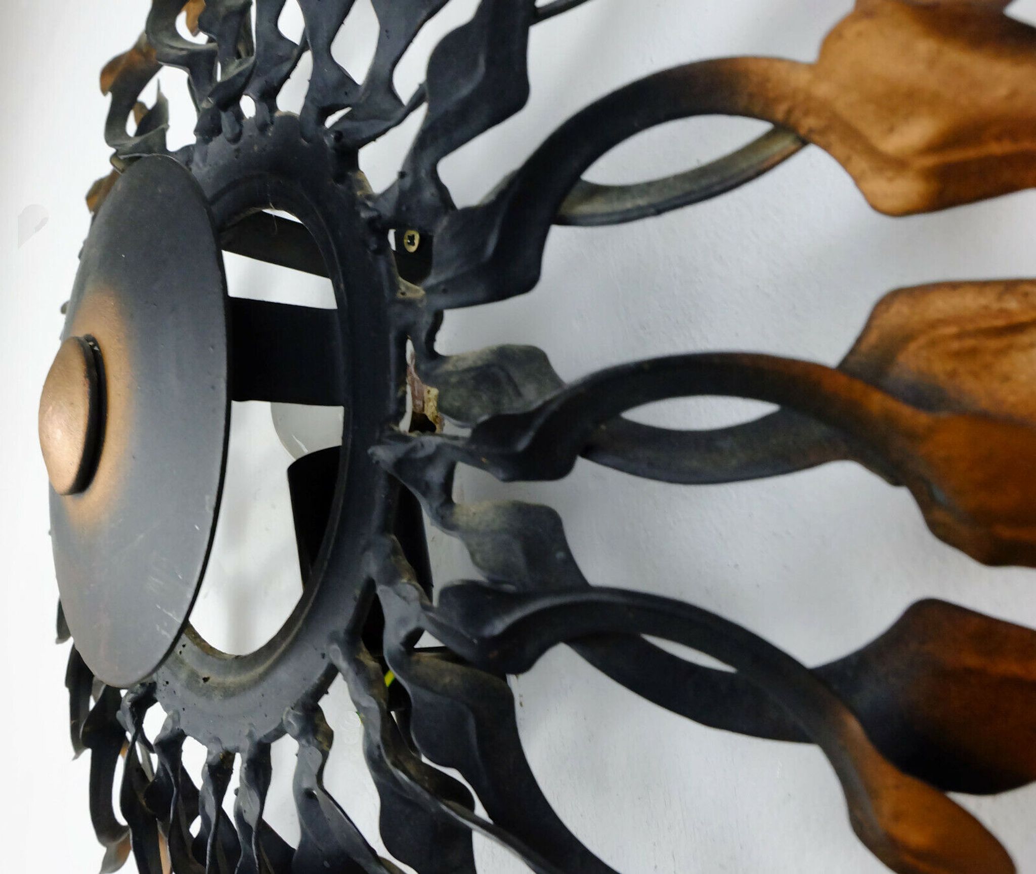 1960s SCONCE mid century sunburst brutalist black iron and copper colored