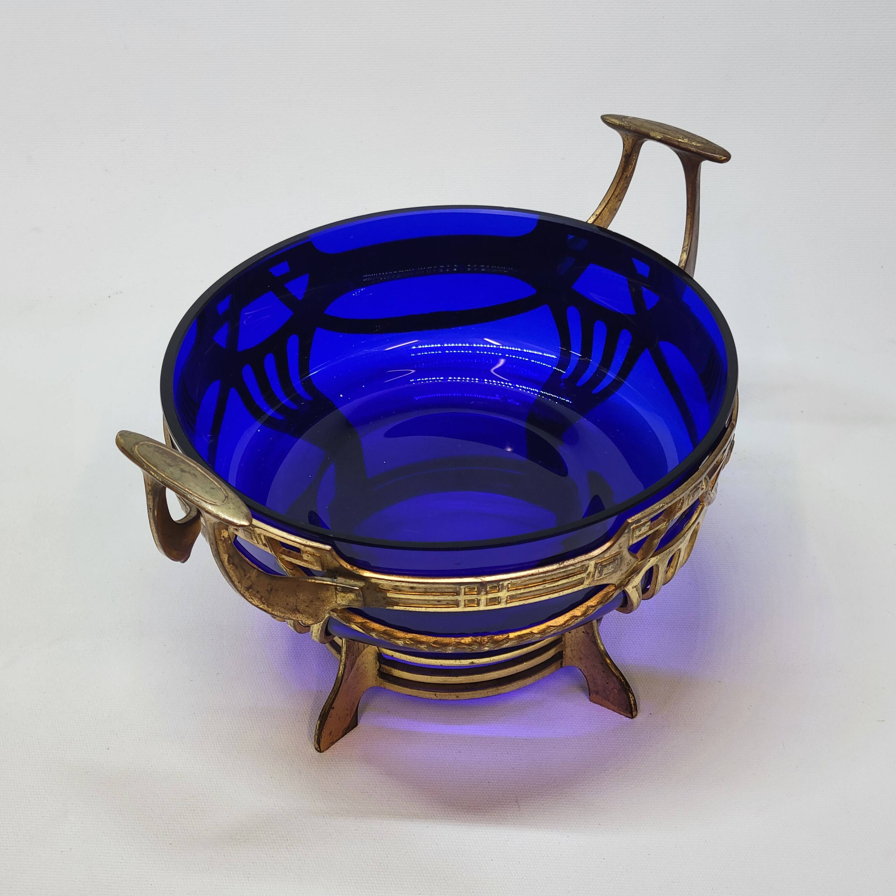Antique gold metal and cobalt blue glass centerpiece planter
