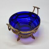 Ancienne jardinière centre de table en métal doré et verre bleu cobalt