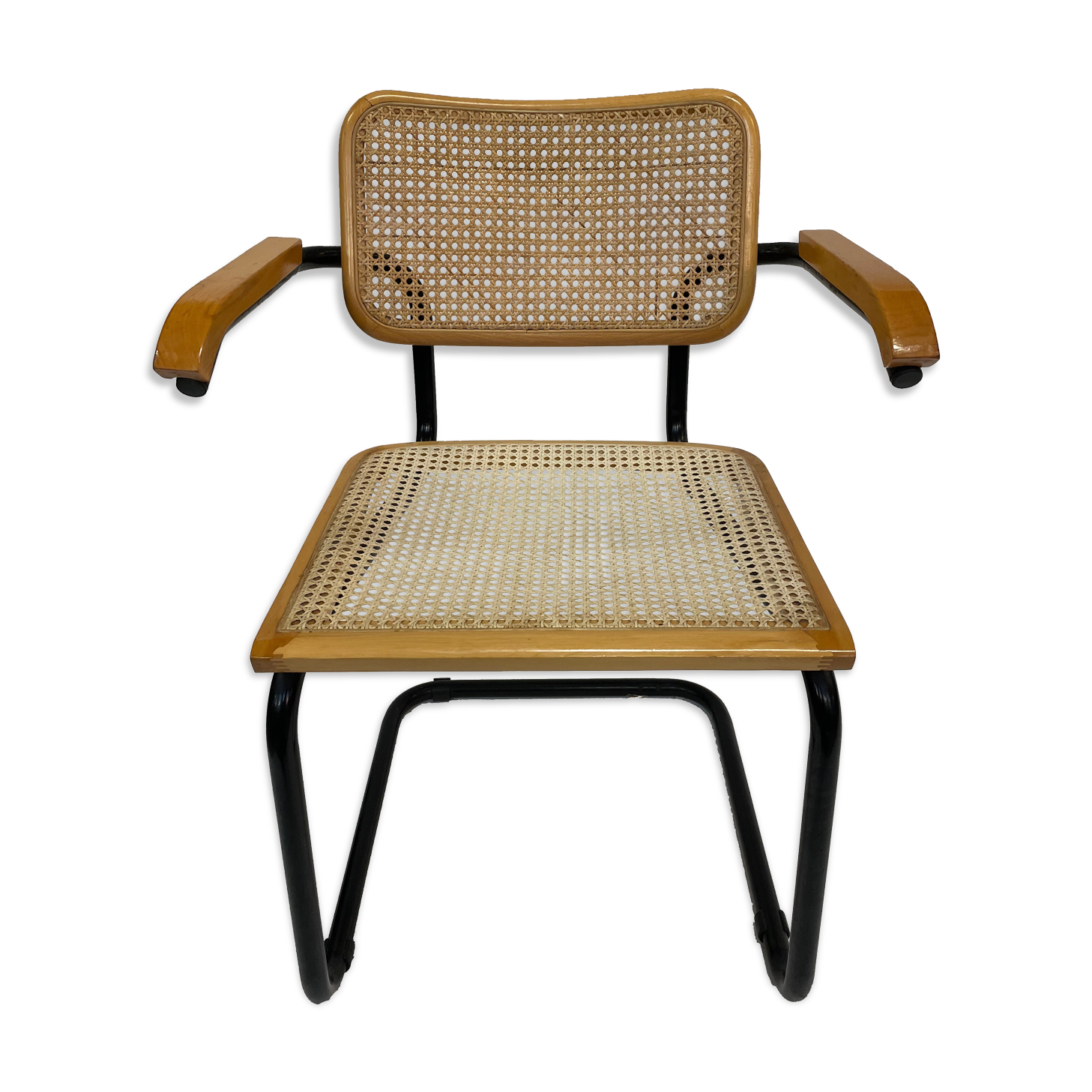 Cesca model chair designed by Marcel Breuer with black-framed armrests