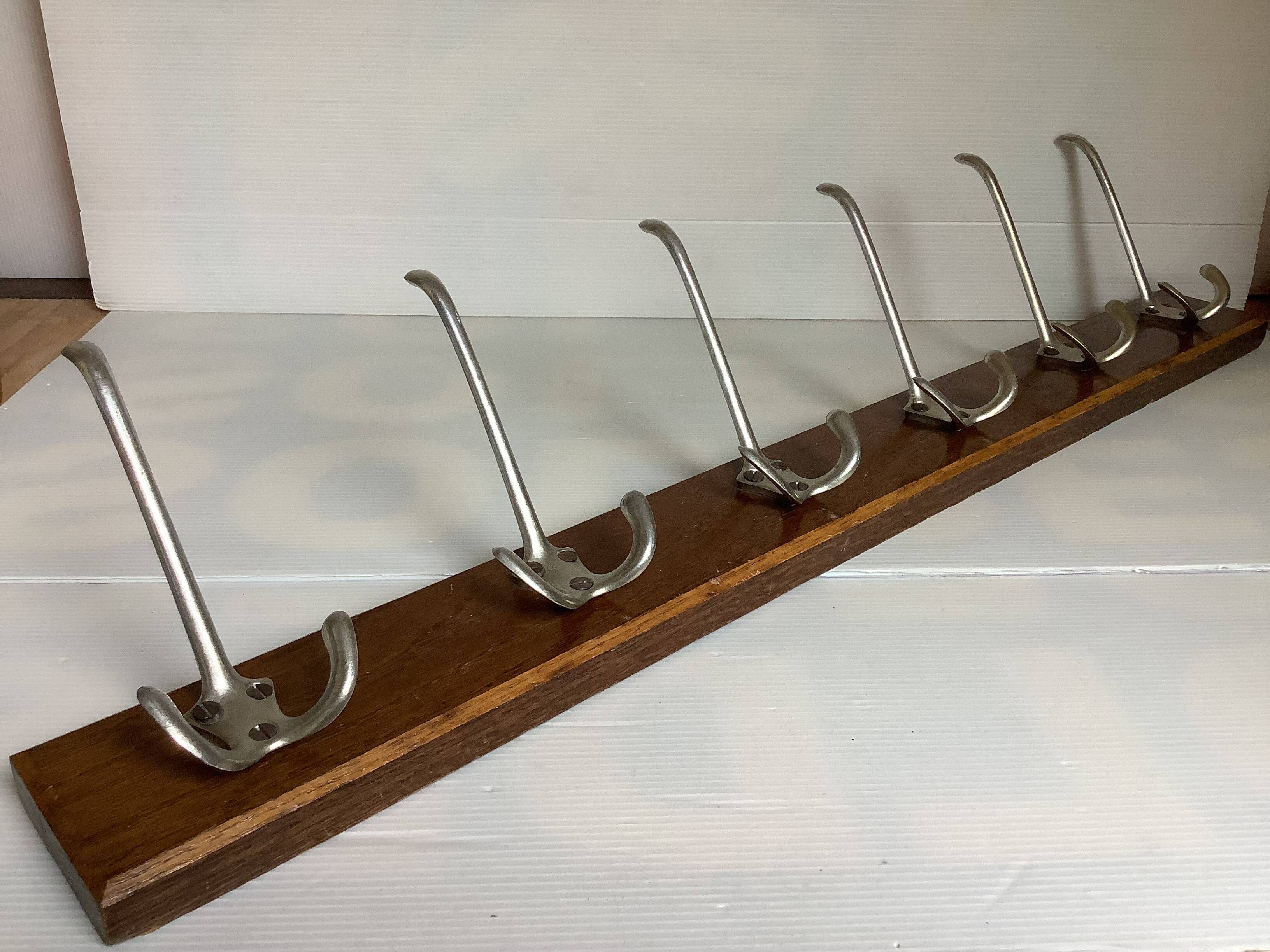 Wooden school coat rack with six double hooks