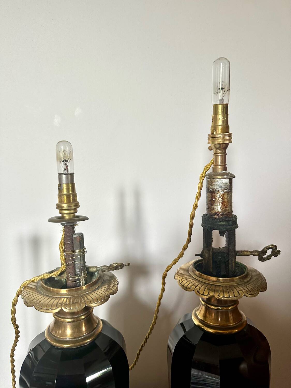 Pair of Napoleon III bronze and glass lamps