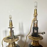 Pair of Napoleon III bronze and glass lamps