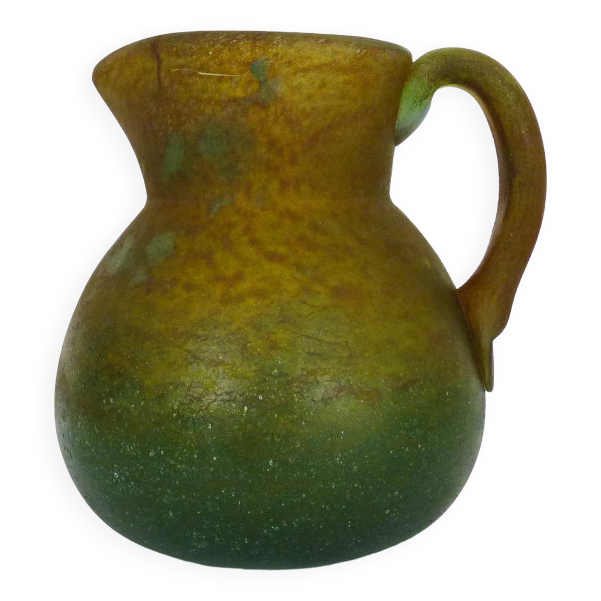 Pitcher in orange and green marble glass paste. Signed Georges De Feure for Daum