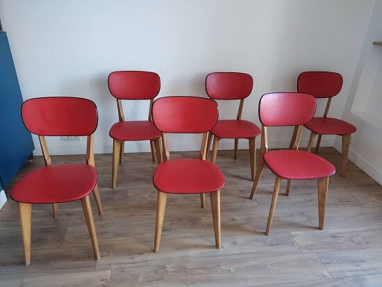 6 red and wood skai chairs