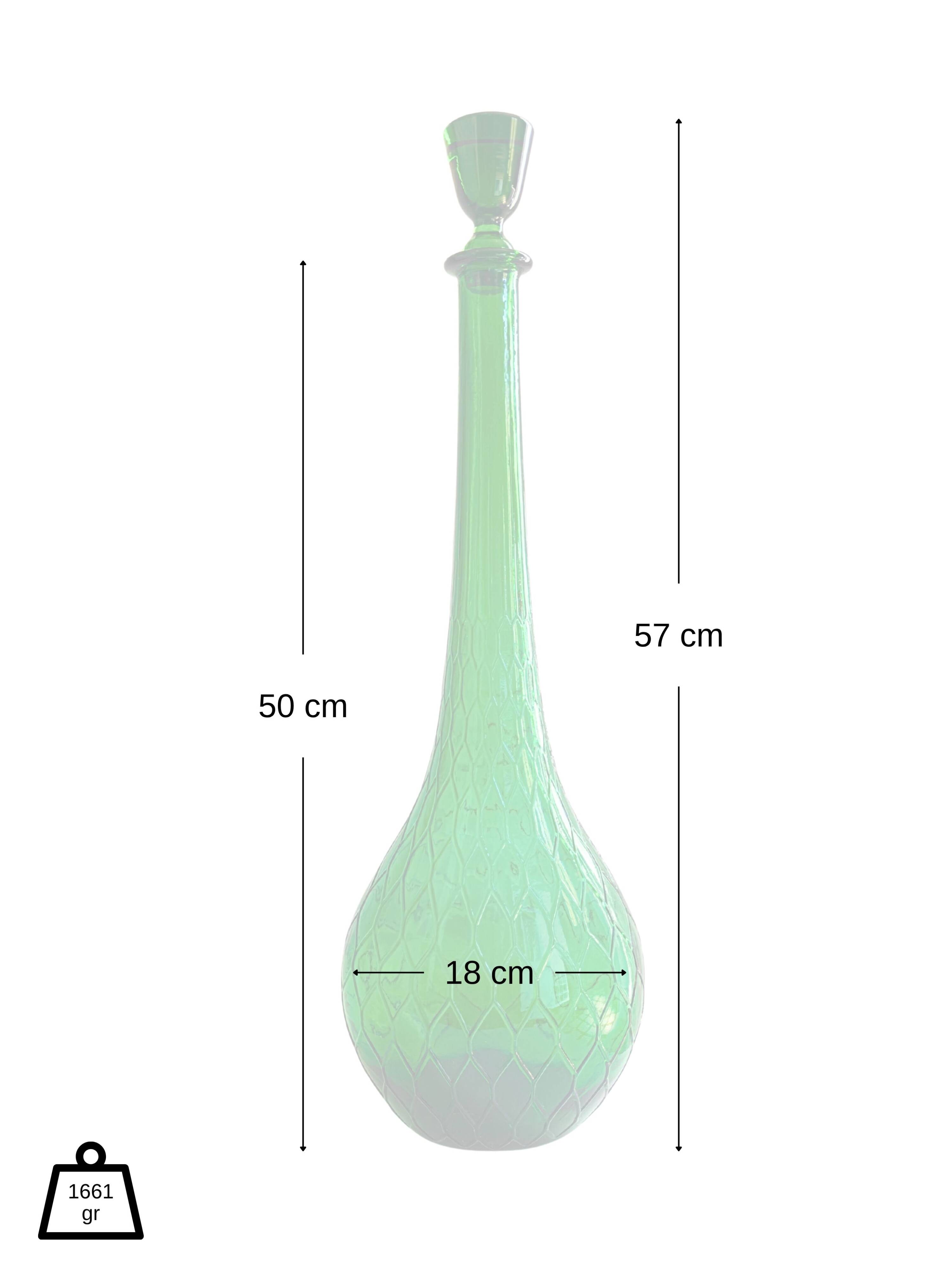 Italian carafe Empoli in iridescent green with diamond pattern.