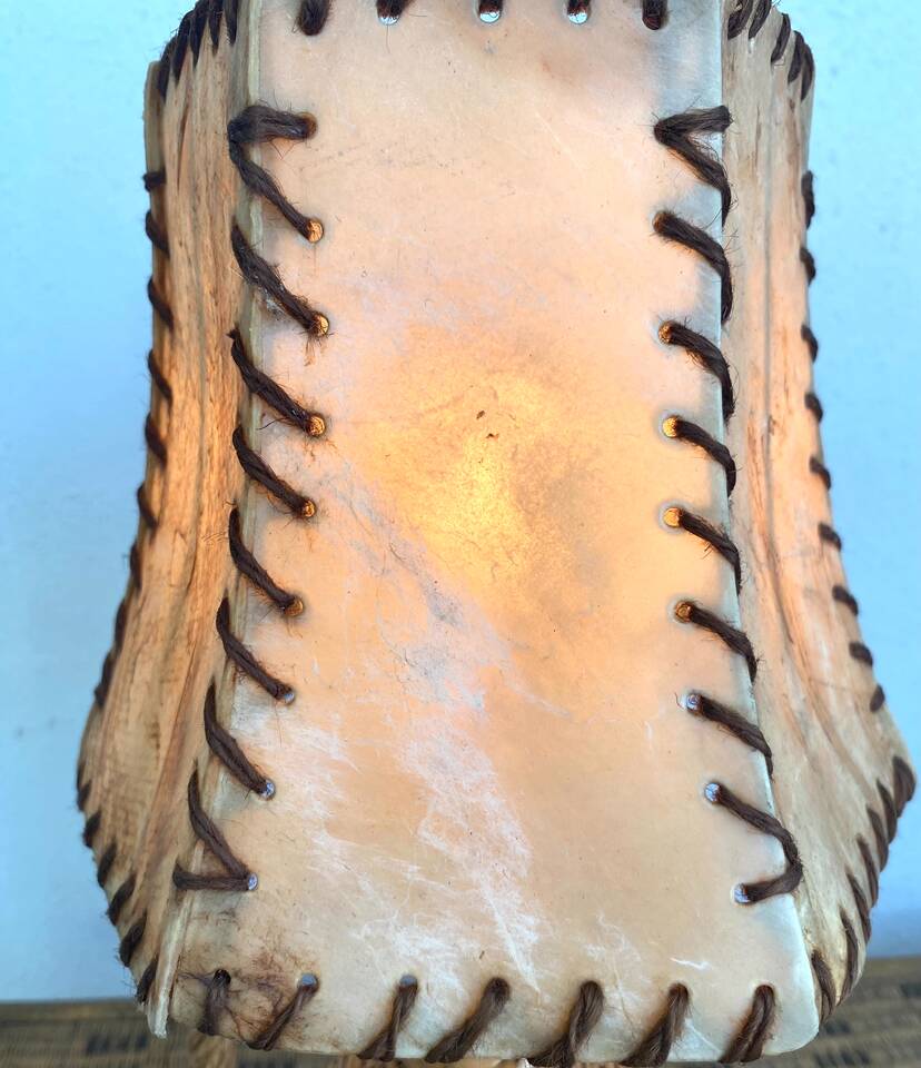 Wooden lamp, new fabric cable, cardboard lampshade