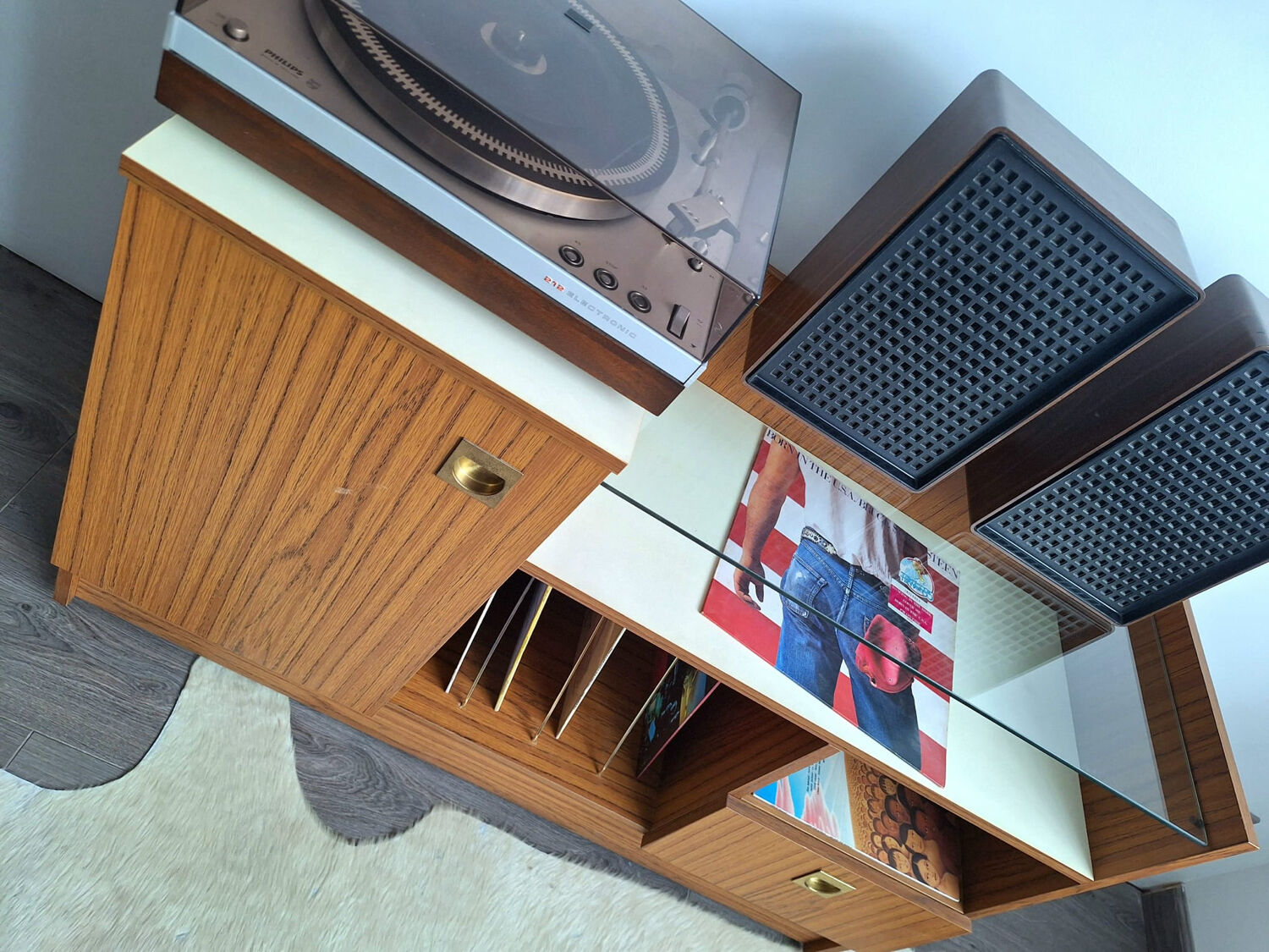 Vintage record player cabinet, designer hi-fi radio sideboard