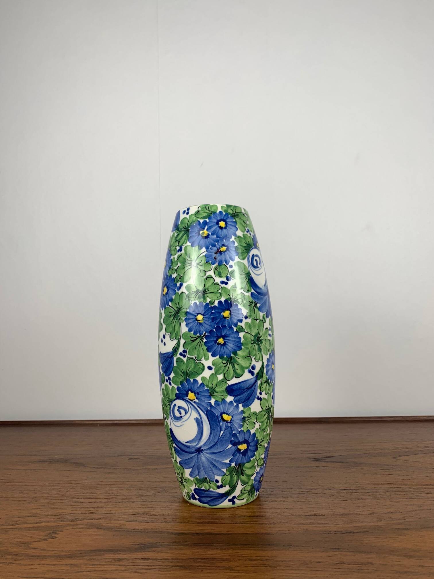 Italian San Marino Titano Vase, Green and Blue Floral Pattern, MCM