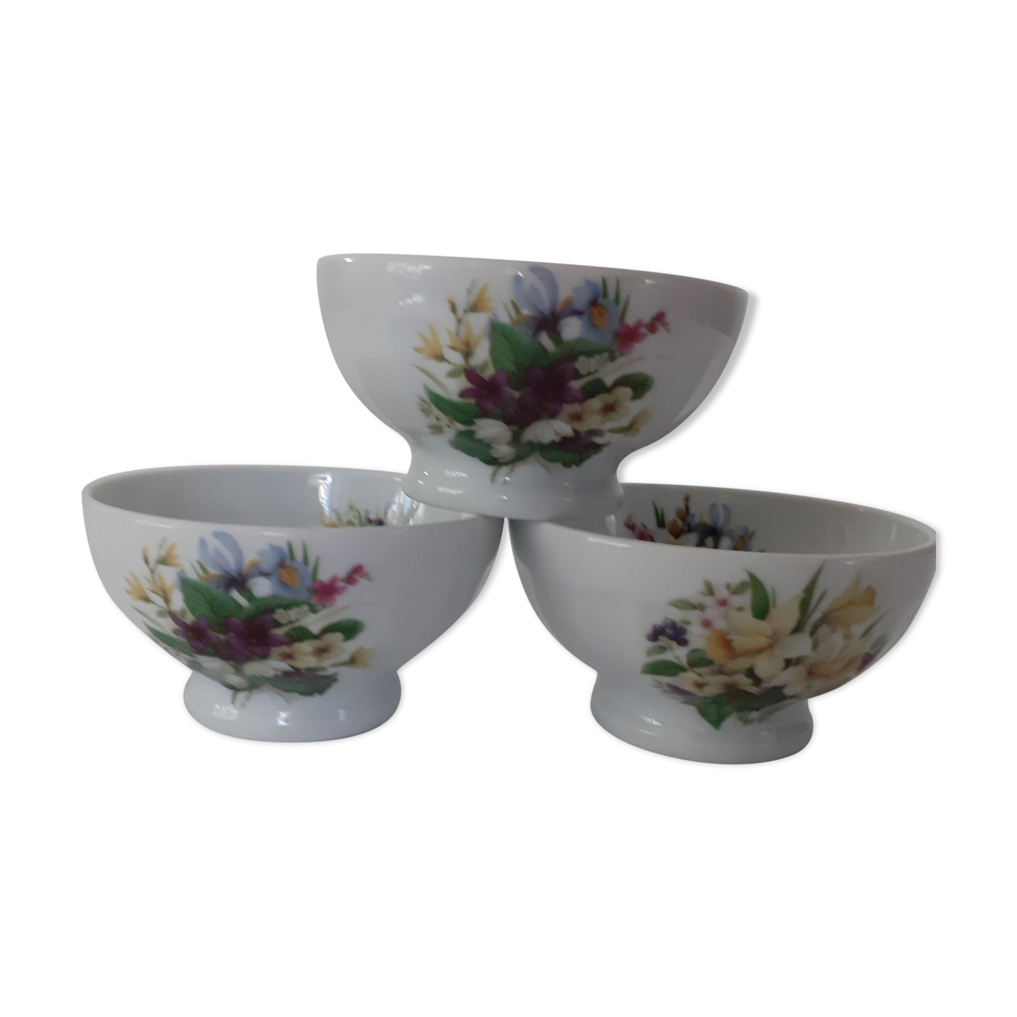 3 petits bols décor fleurs multicolores Limoges porcelaine