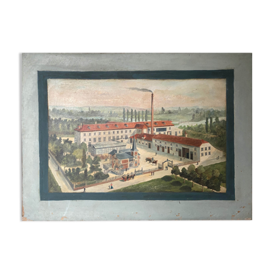 Tableau HST XIX° ''Usine'' Baccarat brasserie avec Serre, Pont Eiffel, Villa