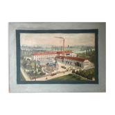 Tableau HST XIX° "Usine" Baccarat brasserie avec Serre, Pont Eiffel, Villa