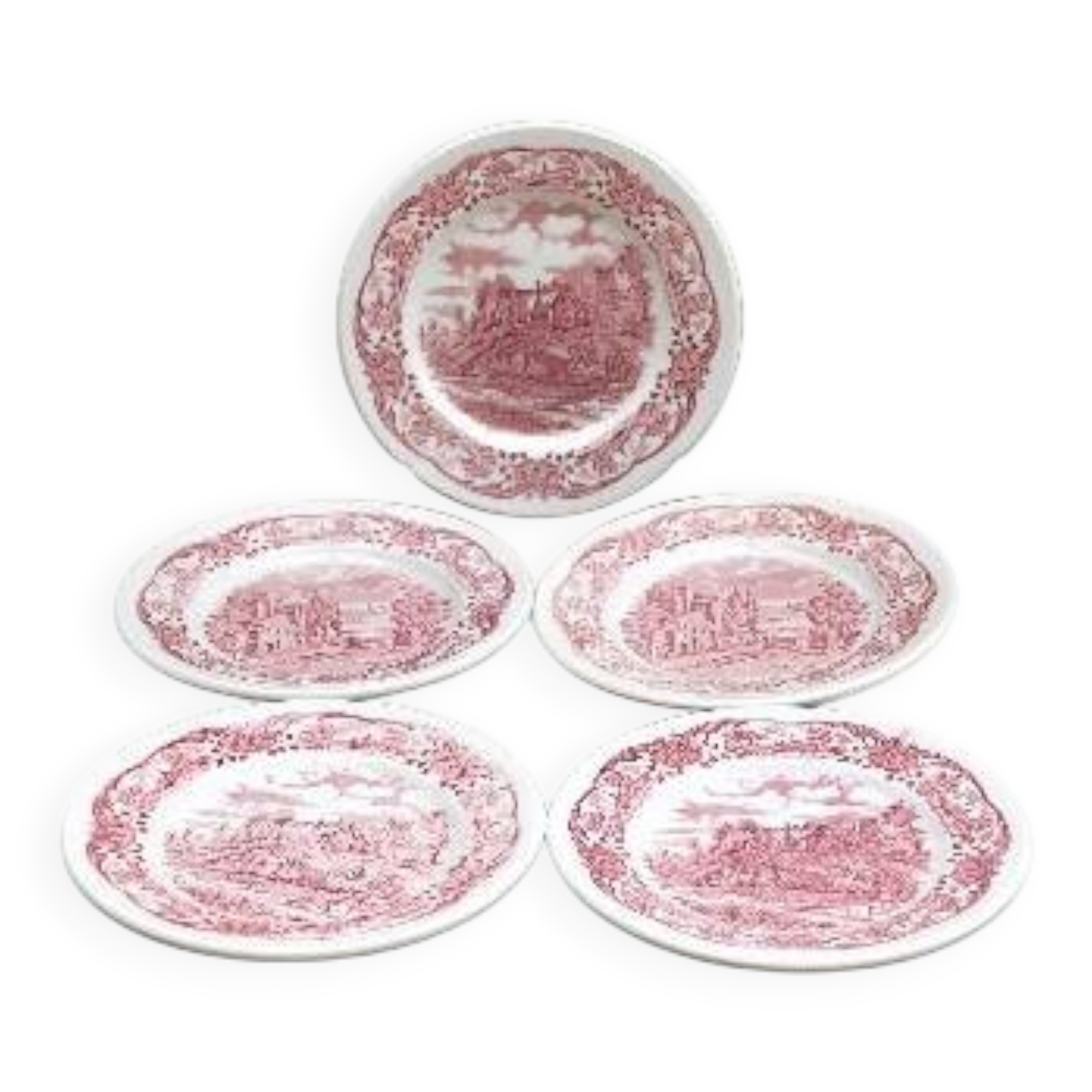 5 assiettes à dessert rouges et blanches en grès de W H Grindley