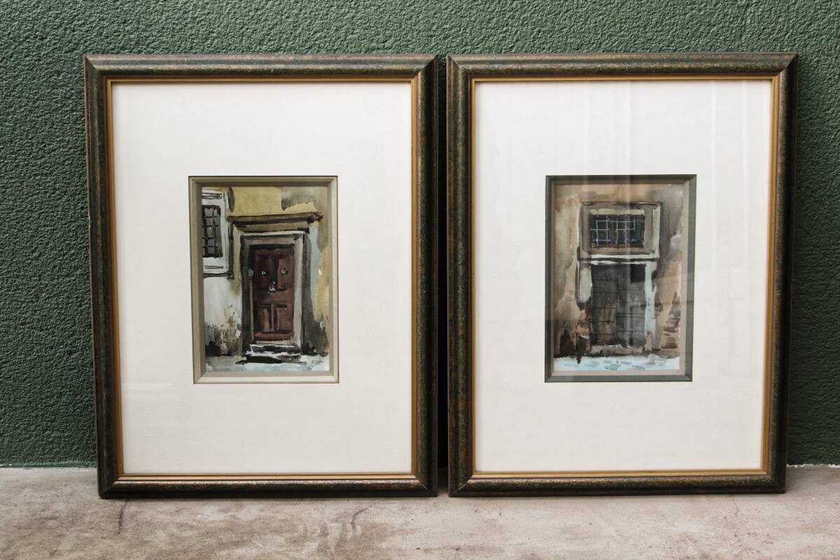 Pair of watercolors, doors, architectural details