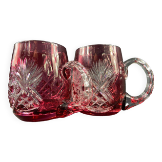 Pair of cut and red tinted crystal beer mugs signed Etzel