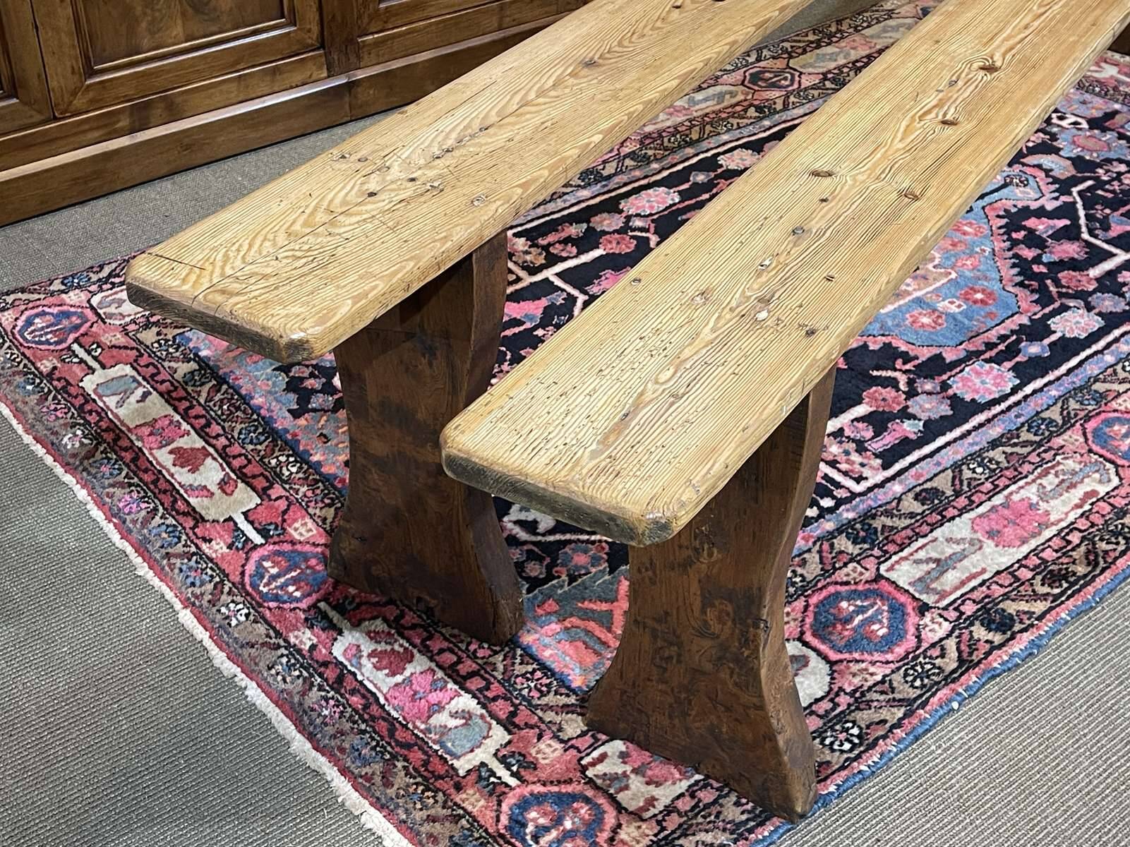 Pair of farmhouse table benches in fir from the early 20th century.