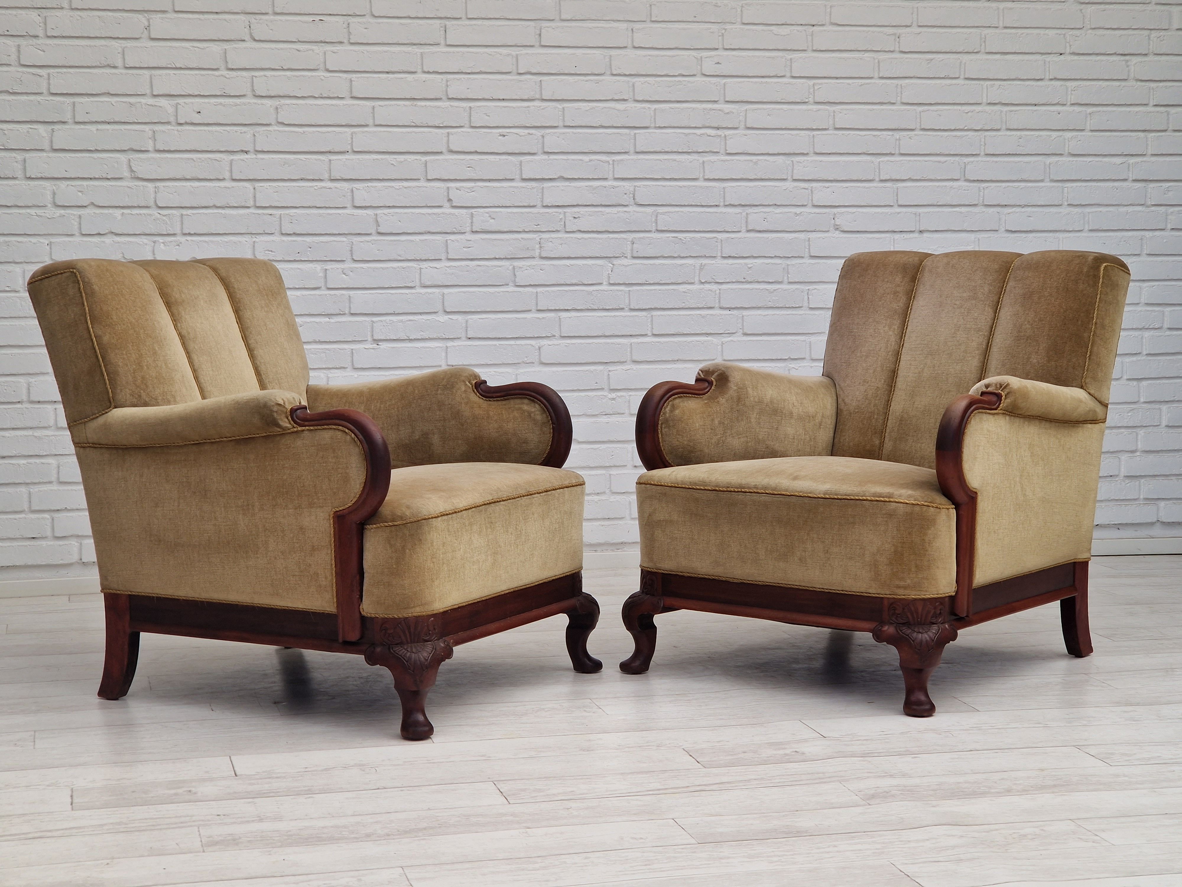 1950s, Danish design, set of armchairs, teak wood, velour, original condition.
