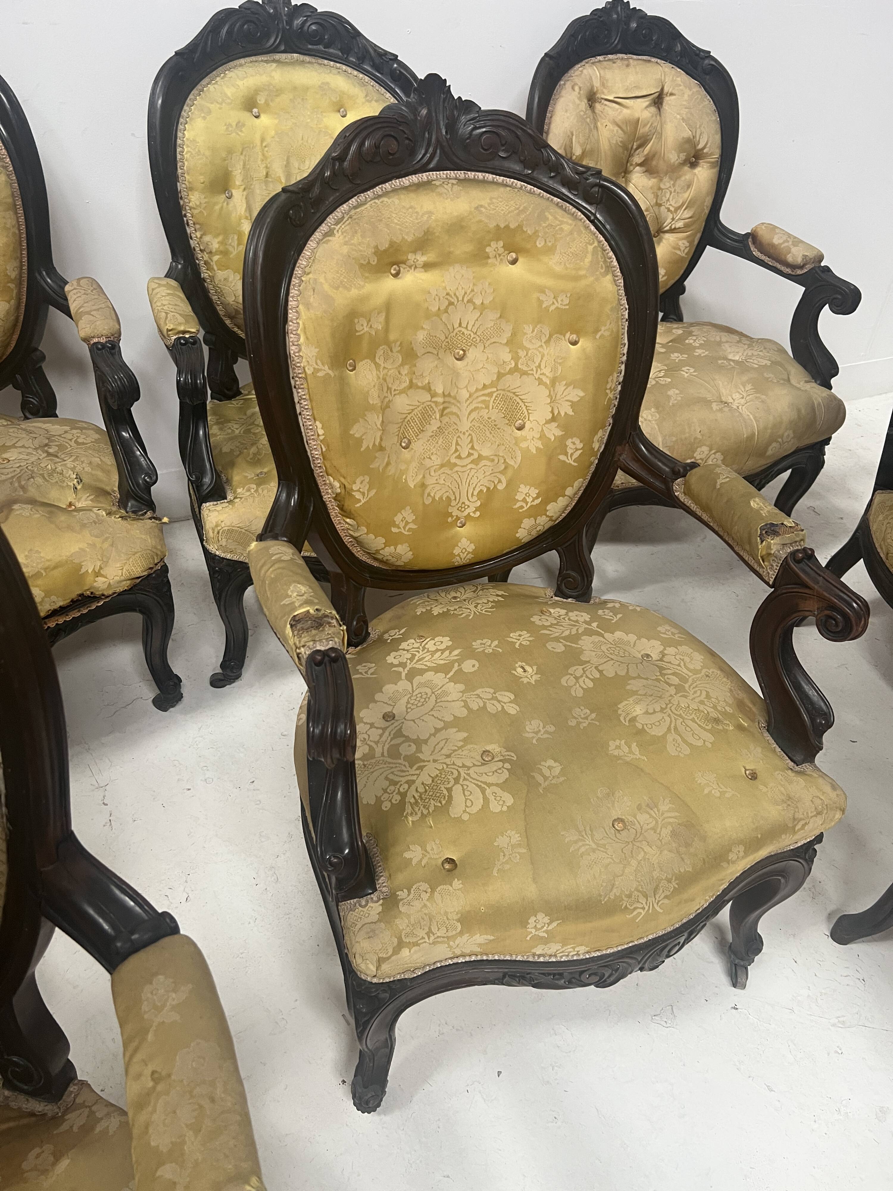 Set of eight Napoleon III style Louis XV armchairs in rosewood, 20th century.