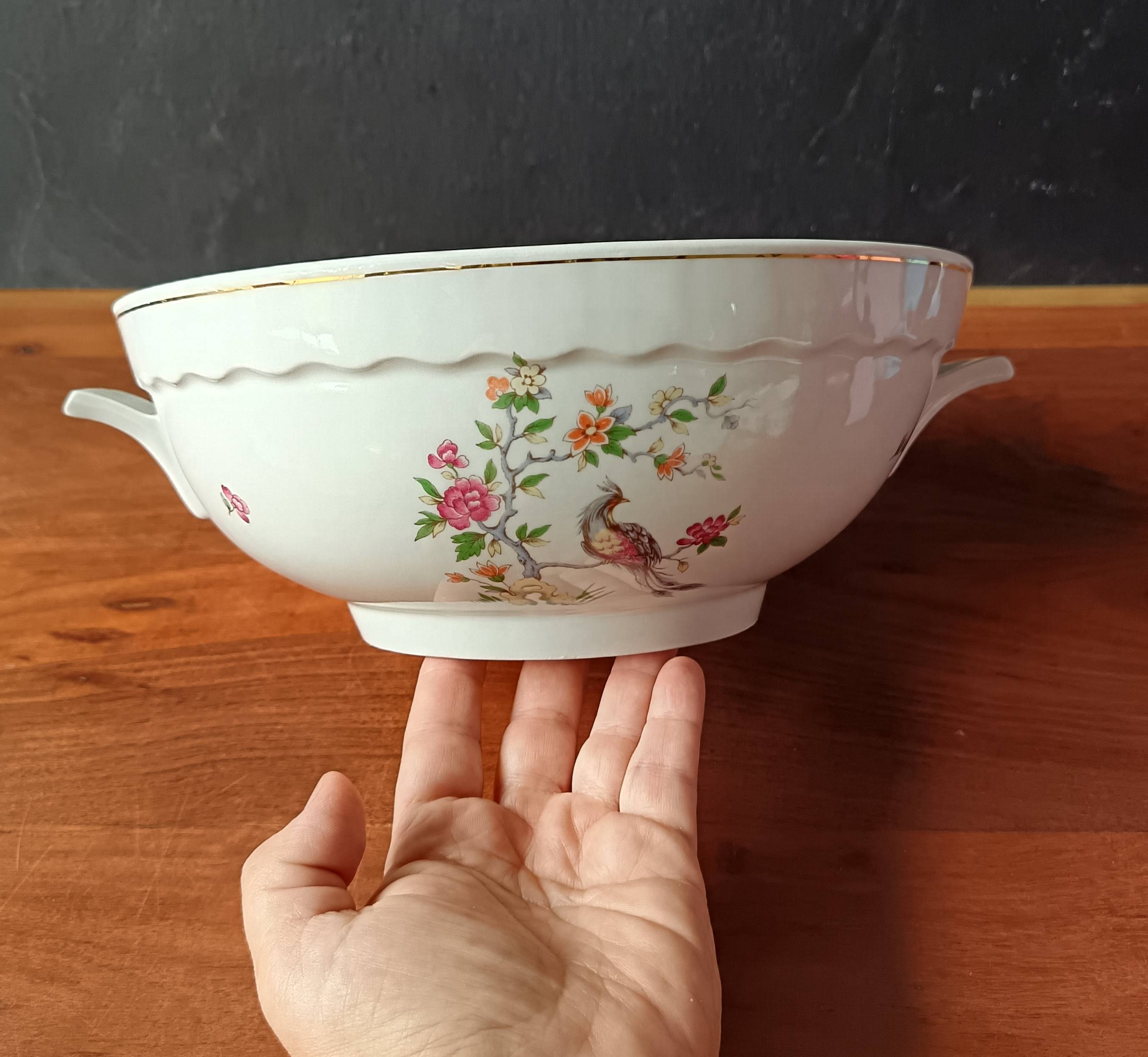Vintage soup tureen, Vitriam porcelain France, Phoenix on a flowering branch.