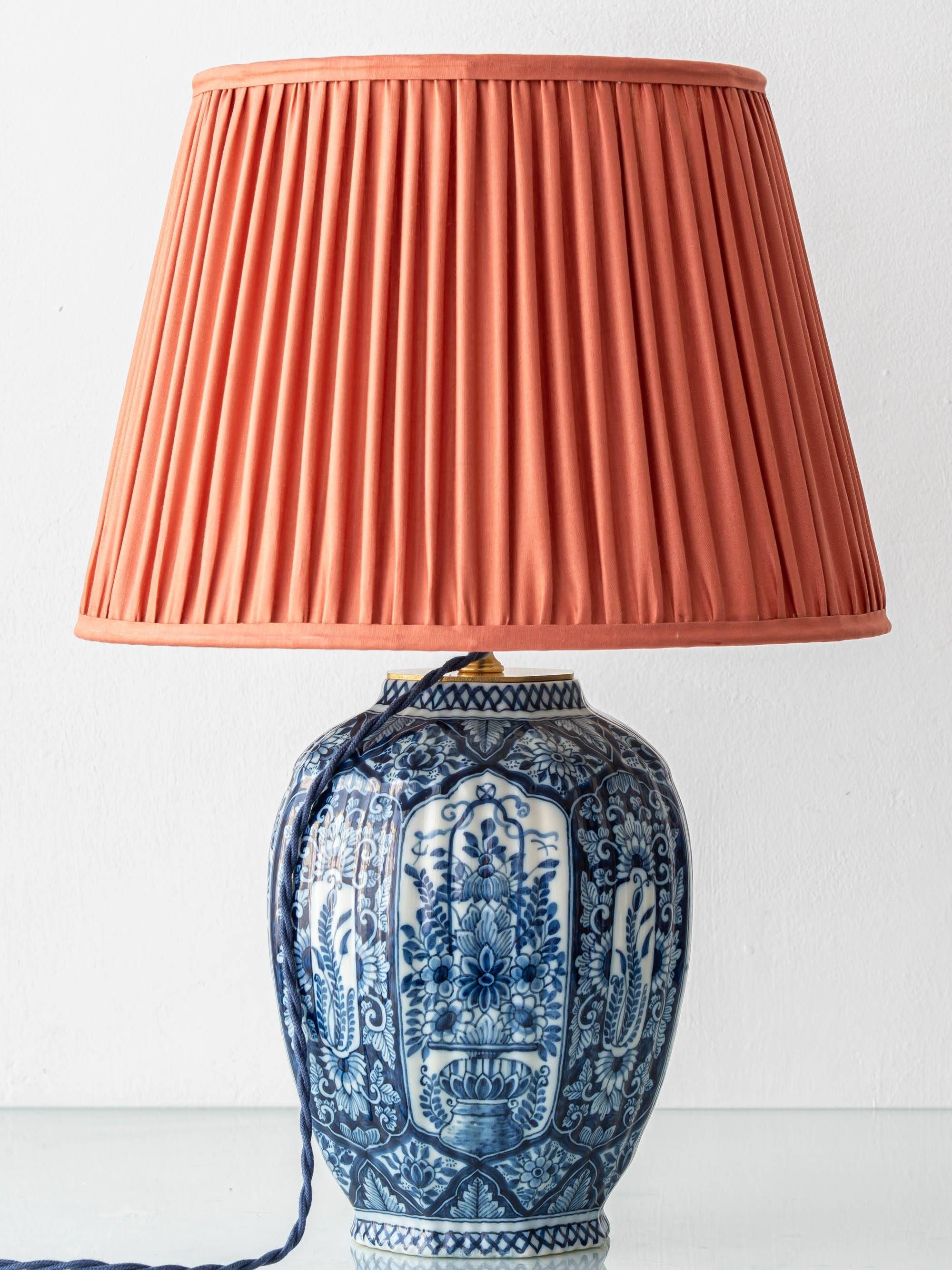Dutch Chinoiserie Table Lamp, Blue and White Delft, by Makkum, with a New Coral Silk Shade