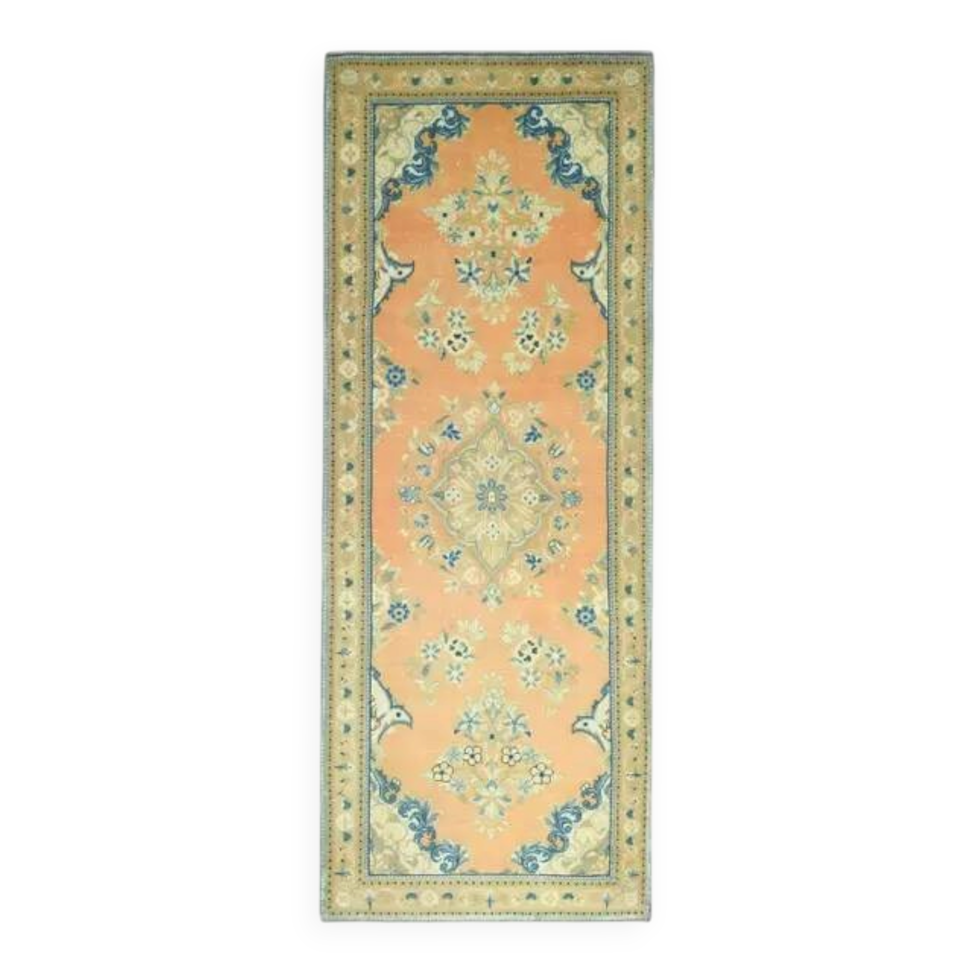 1970s Vintage Turkish Oushak Handmade Wool Cotton Orange Runner Rug 117x312