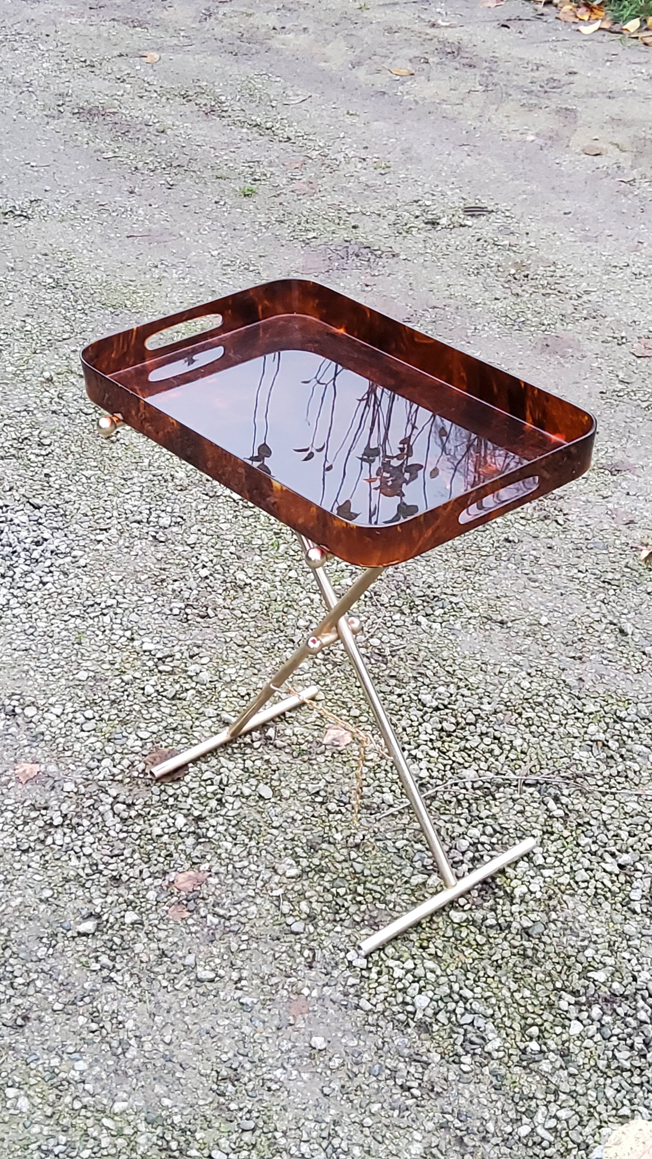 Gold metal side table with tortoiseshell lucite top from the 70s
