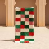 Tapis de couloir marocain de Noël – Tapis de couloir en laine à carreaux rouges et verts 300 x 70