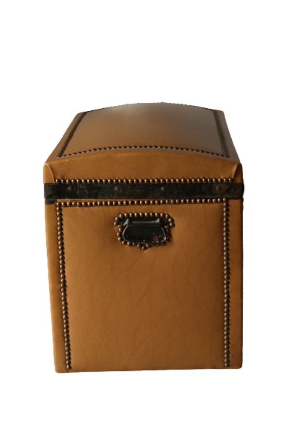 Malle bombée ancienne en bois et simili cuir marron