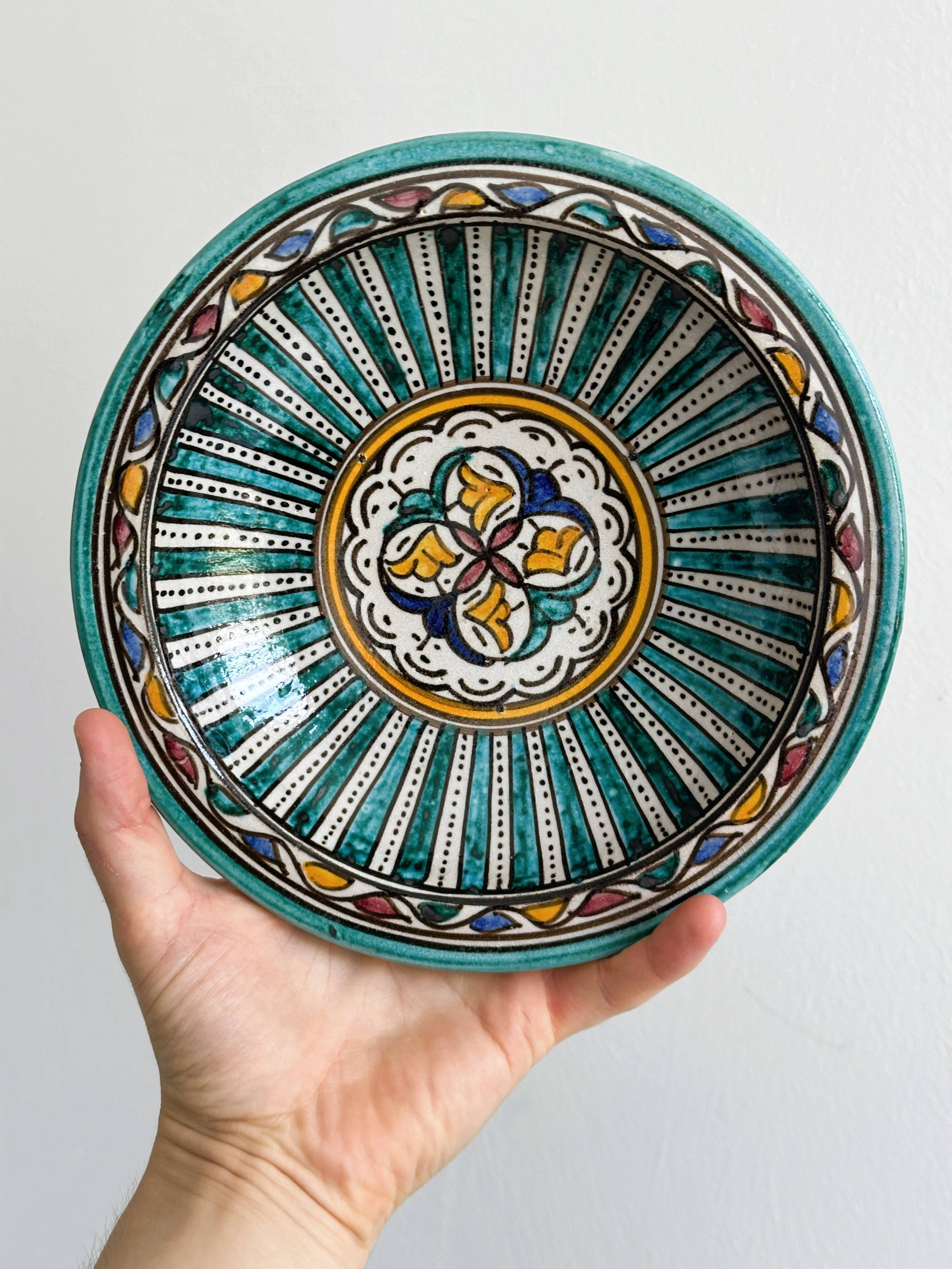 2 antique handmade ceramic dishes, colorful plates