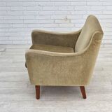 1970s, Danish armchair, original green furniture velour, teak wood legs.