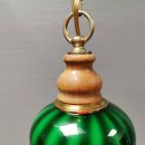 green hanging lamp in double layer glass (white inside) with wooden top and safety chain,