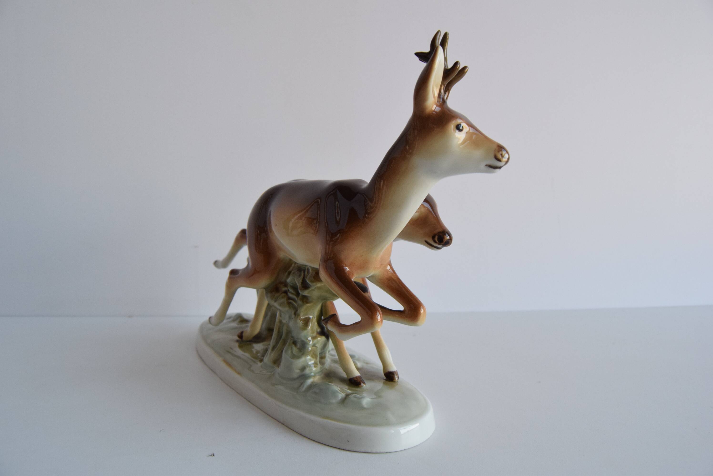 Vintage Porcelain Sculpture Roe Deer and Doe, by Royal Dux, 1960's.