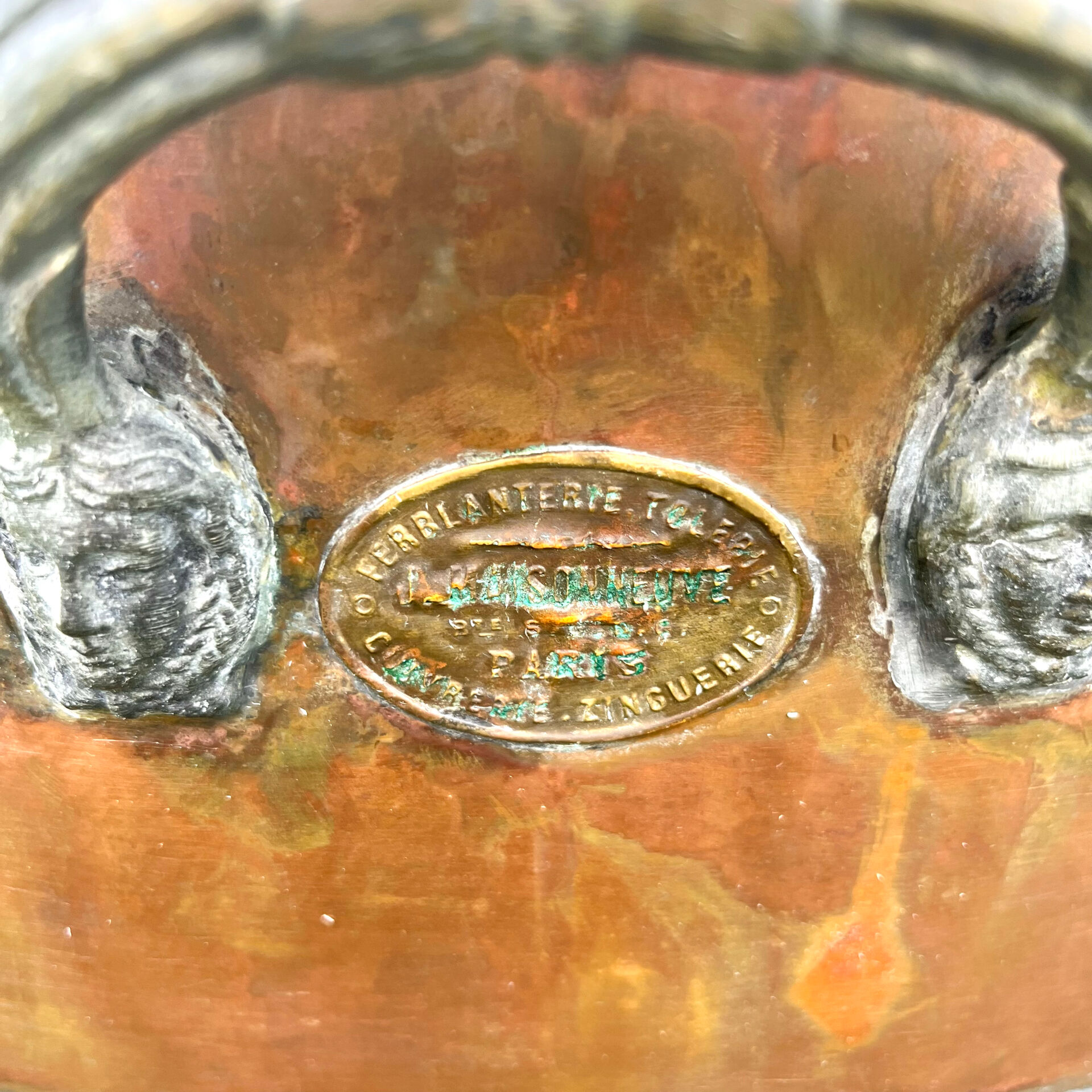 Antique Copper Jardinier, French Vasque, Art Nouveau Mask Handles