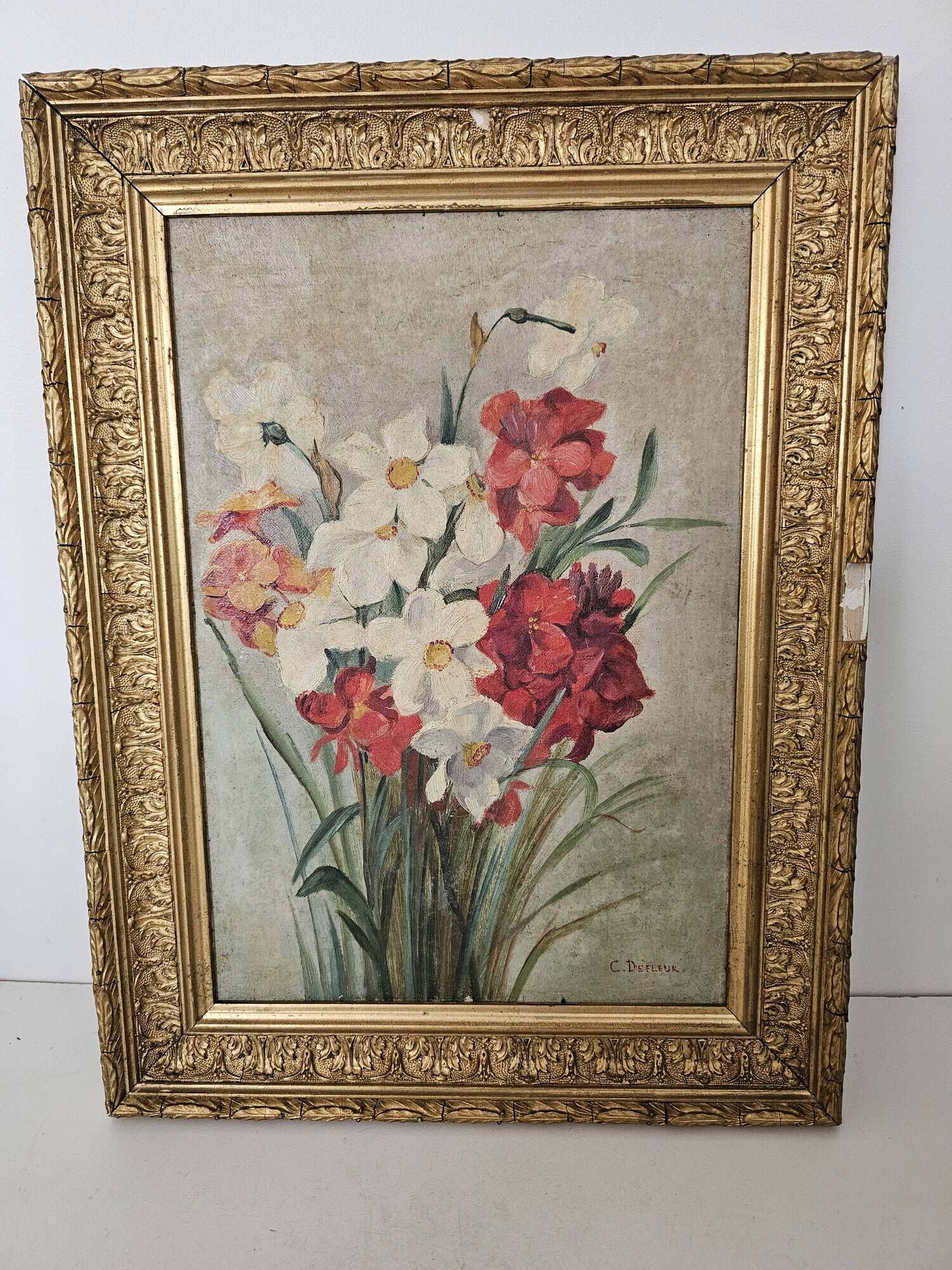 Oil on Canvas Painting - Still Life Flowers Bouquet with Dahlias Signed C D