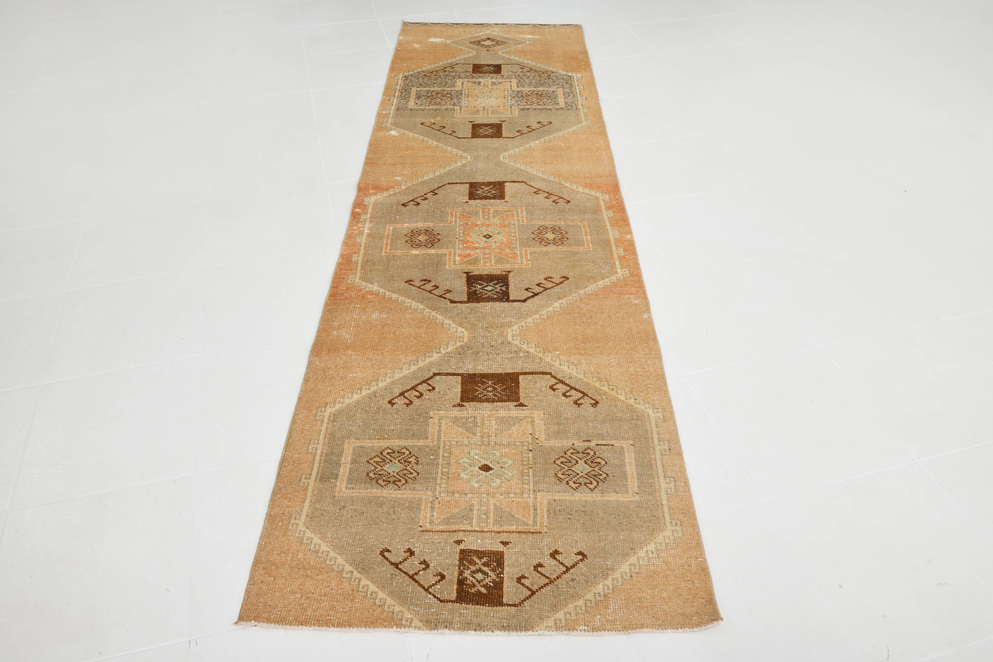 3x11 Cinnamon Color Turkish Runner Rug, Anatolian Vintage Rug, 92x321Cm