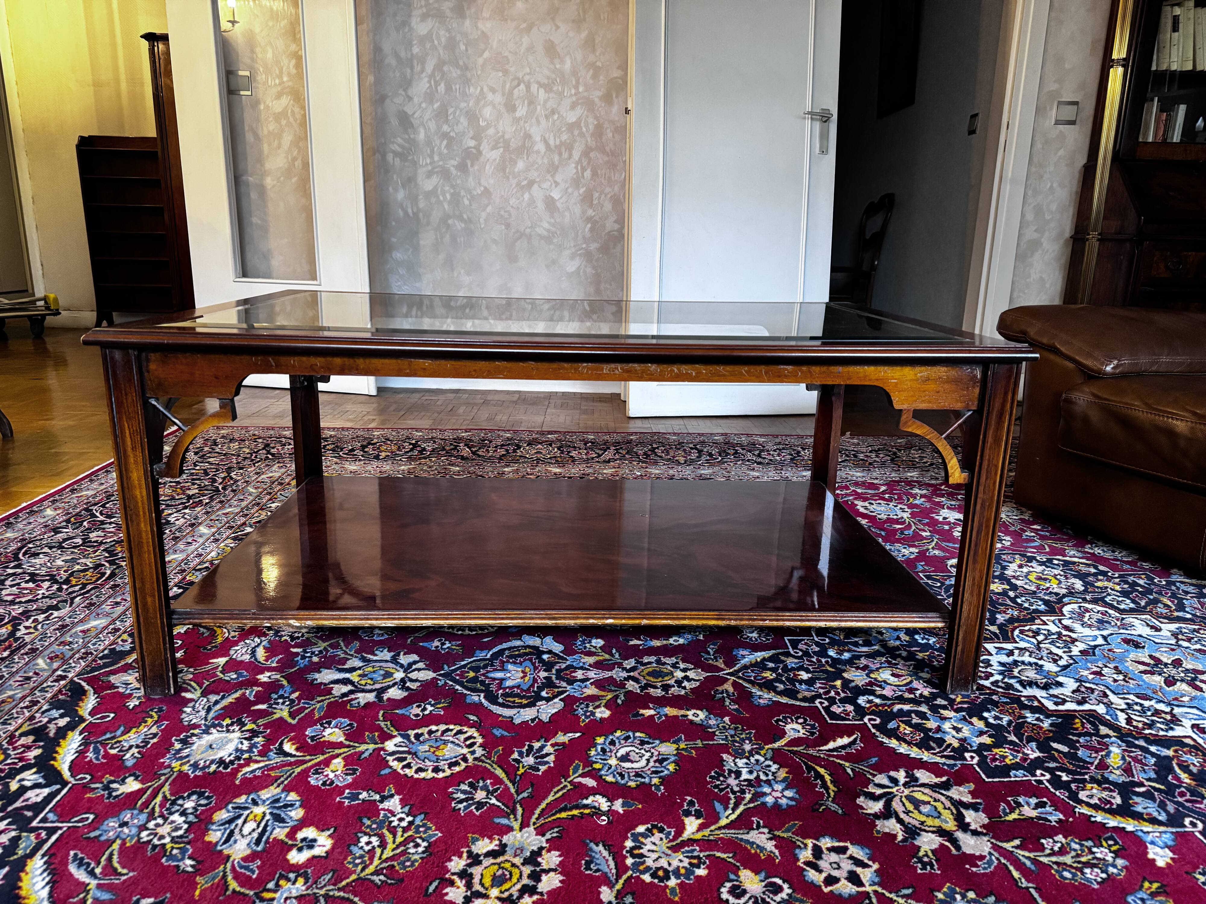 double-tiered coffee table in wood and glass