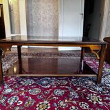 double-tiered coffee table in wood and glass