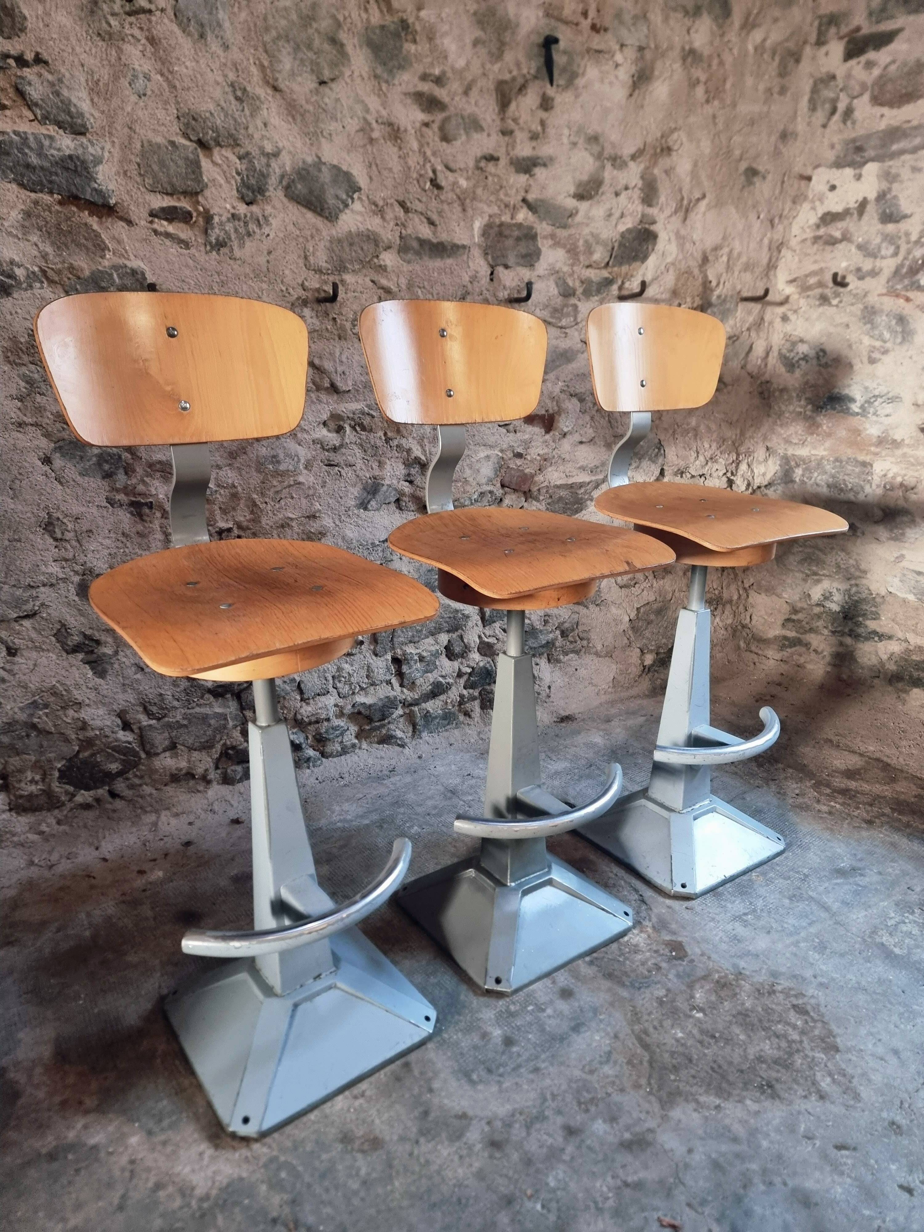 Set of 3 industrial swivel workshop chairs – fixed height bar stools – mid-century factory seats