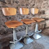 Set of 3 industrial swivel workshop chairs – fixed height bar stools – mid-century factory seats