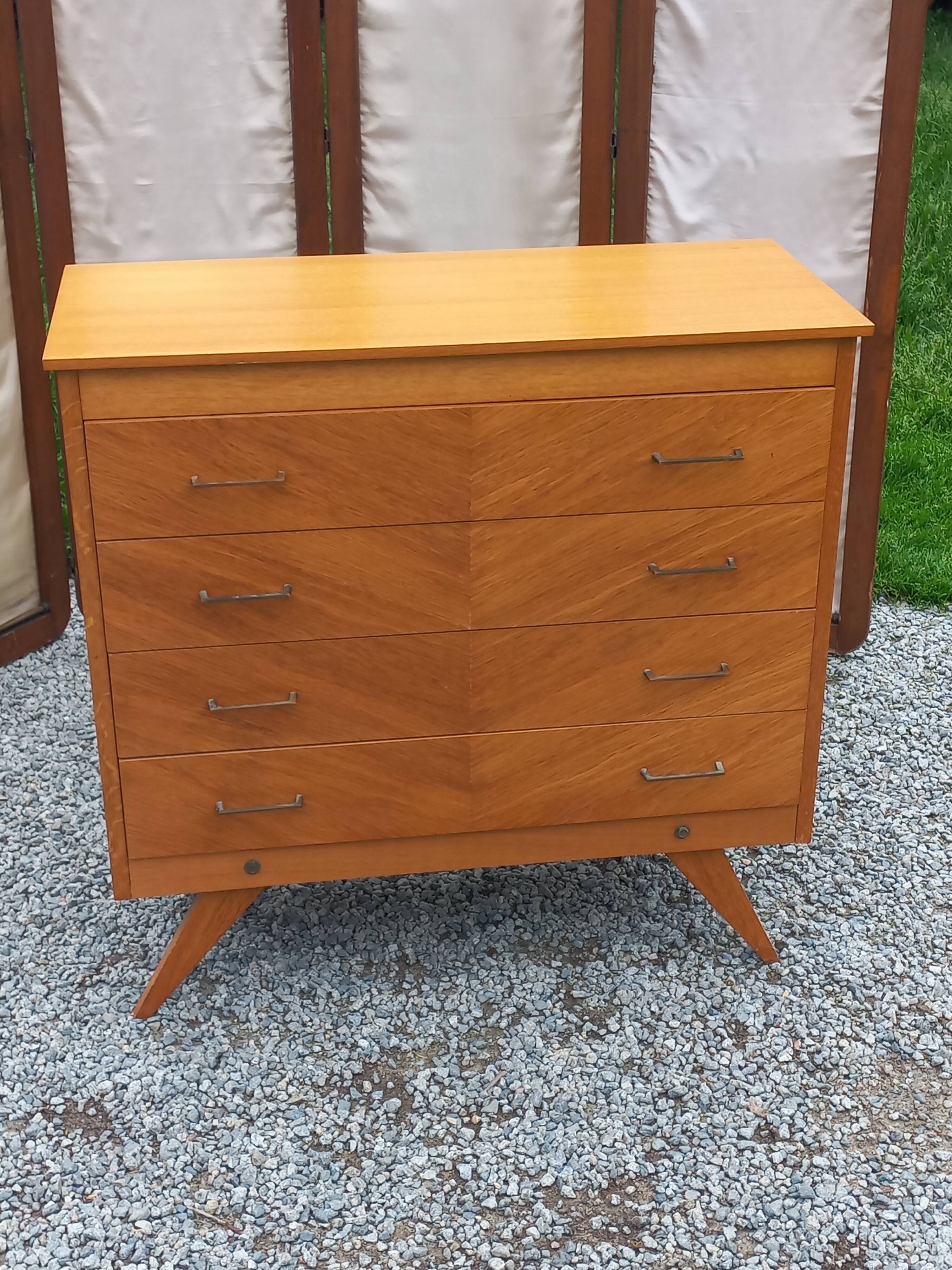 Vintage chest of drawers in blond and golden oak, compass legs and 4 drawers, 1950s