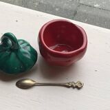 Salt pots and mustard pot, in enameled ceramic, slip, in the shape of a tomato, vintage