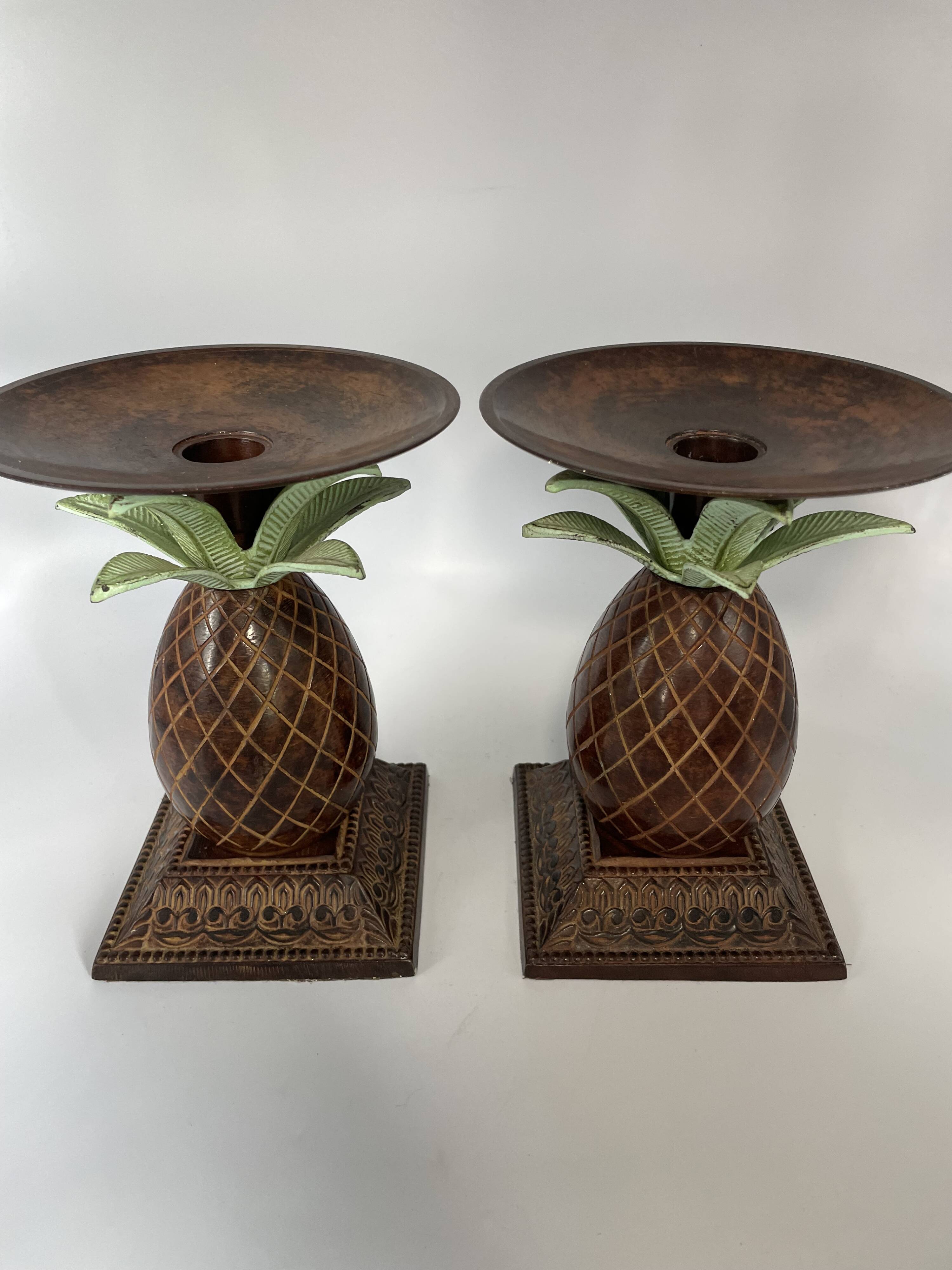 Pair of vintage bronze pineapple candlesticks